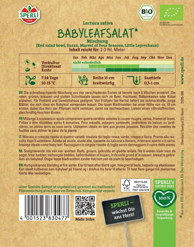 BIO Babyleafsalat, Kübelgeeinet, Schnellwüchsig, Für Mehrfache Ernten, Bio Saatgut Von Sperli