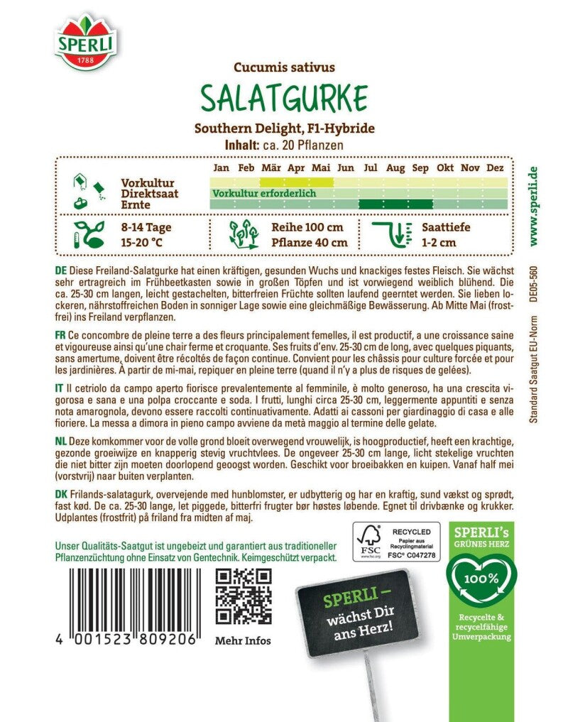 Salatgurke Southern Delight F1, Ertragreich, Bitterfrei, Robuste Freilandsorte, Saatgut Von Sperli