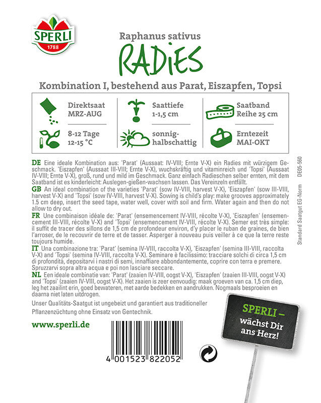 Radies Kombination I, 3 Sorten, Saatband 5 M