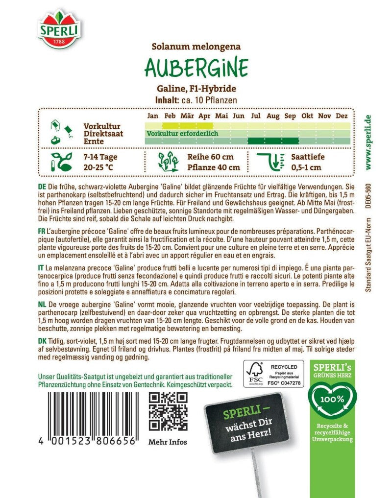  Aubergine Galine F1, Freiland Und Gewächshaus, Selbstbefruchtend, Saatgut Von Sperli