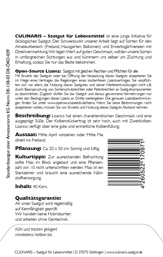  Zuckermais Lisanco Guter Ertrag Samenfete Sorte