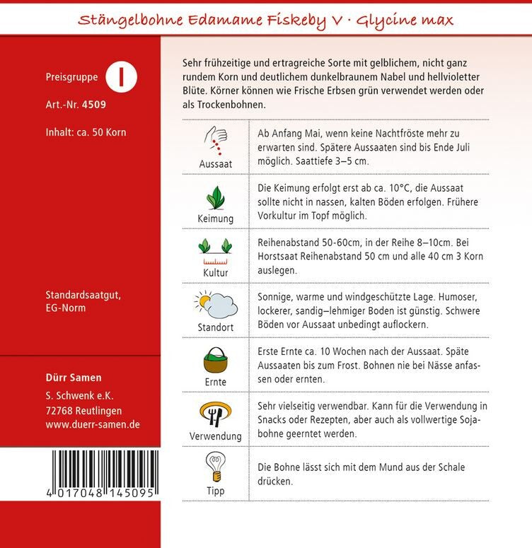  Stängelbohne Edamame Fiskeby V, Sehr Frühzeitige Und Ertragreiche Sorte, Verwendung Wie Frische Erbsen (grün) Oder Als Trockenbohne