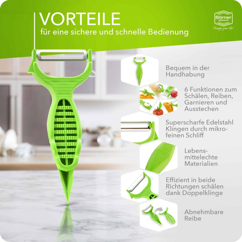  Börner Gemüseschäler Grün, 6 In 1 Garnierschäler Mit Reibe