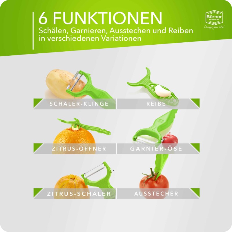  Börner Gemüseschäler Grün, 6 In 1 Garnierschäler Mit Reibe