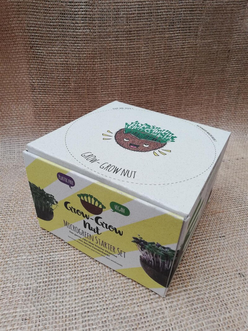  Grow-Grow Nut, Starterpaket, 1x Kokosnuss-Schale + 3x Bio-Saatgut (Brokkoli, Radieschen & Rucola) + 3x Kokoserde-Ziegel