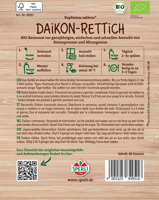  BIO Keimsprossen-Saat Daikon-Rettich, Geschmack: Intensiv-würzig (scharf)