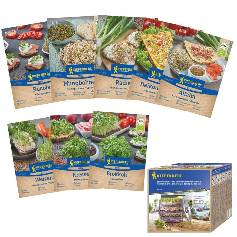  BIO Keimsprossen-Sortiment 8 - Verschiedene Sorten BIO-Sprossen-Samen + 1x Kiepenkerl Keimbox