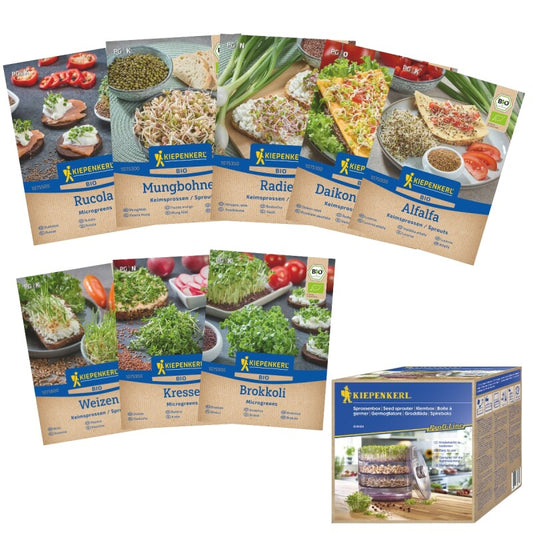  BIO Keimsprossen-Sortiment 8 - Verschiedene Sorten BIO-Sprossen-Samen + 1x Kiepenkerl Keimbox
