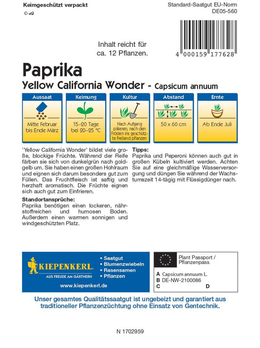  Blockpaprika Yellow California Wonder, Gelb, Bildet Viele Große Blockige Früchte, Besonders Gut Zum Füllen, Gefrier-geeignet
