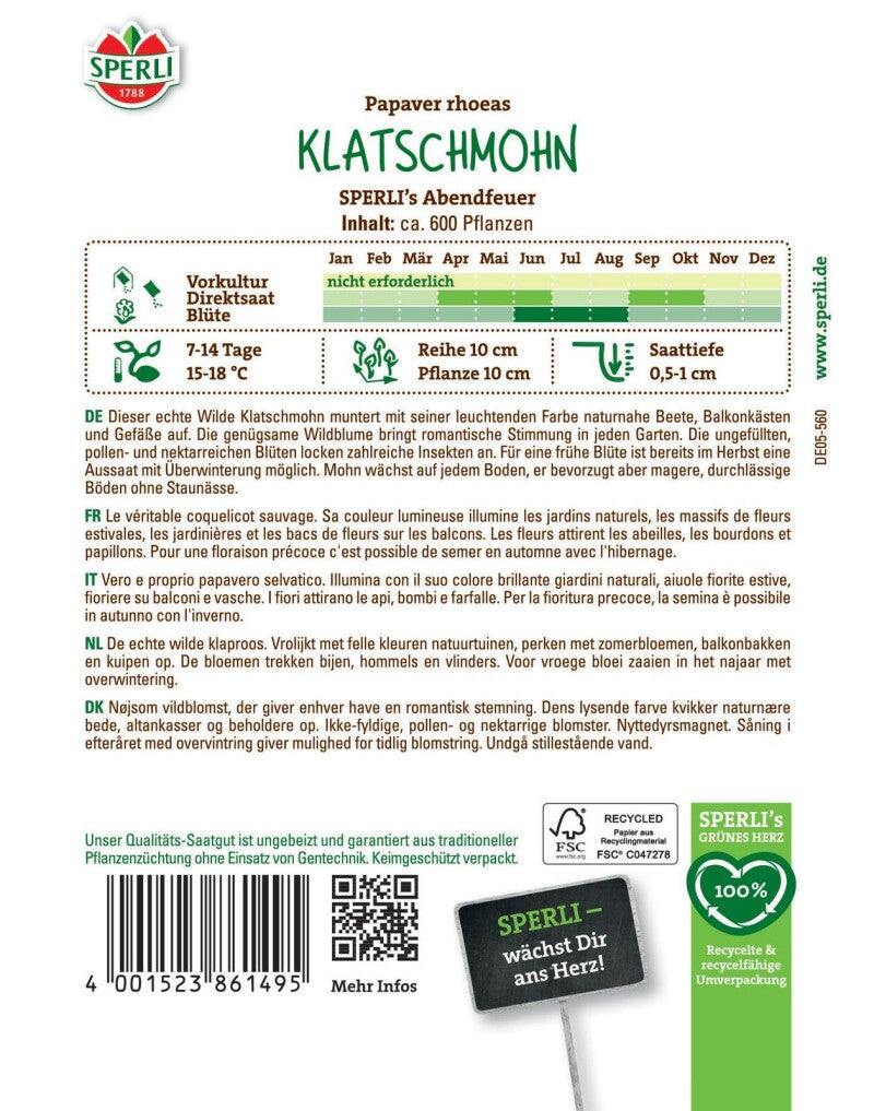  Klatschmohn SPERLI's Abendfeuer, Nektarspender Für Nützlinge, Natürliche Wildform