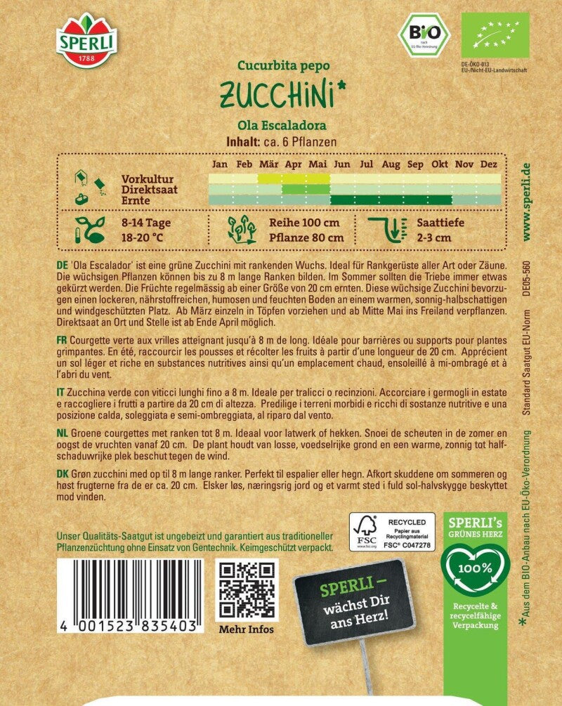  BIO Kletterzucchini Ola Escaladora, Starkwüchsig Und Ertragreich, Für Frühe Ernte