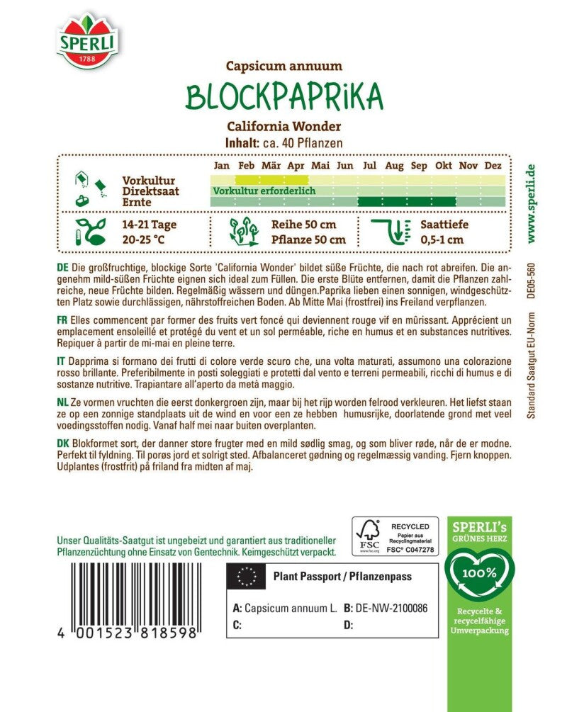  Paprika California Wonder, Großfruchtige Sorte Mit Süßem Geschmack, Ideal Zum Füllen