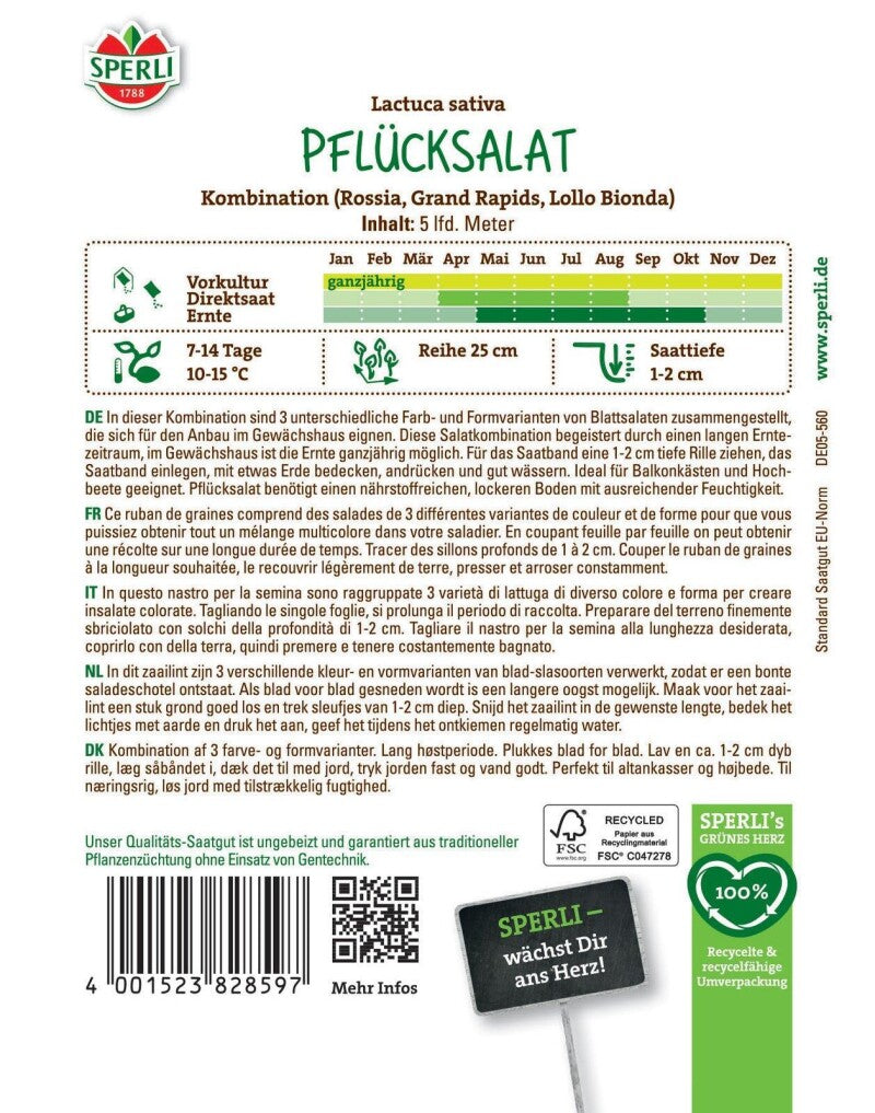  Pflücksalat Kombination, 5 M Saatband, Salatvariation Für Mehrfache Ernte, Saatgut Von Sperli