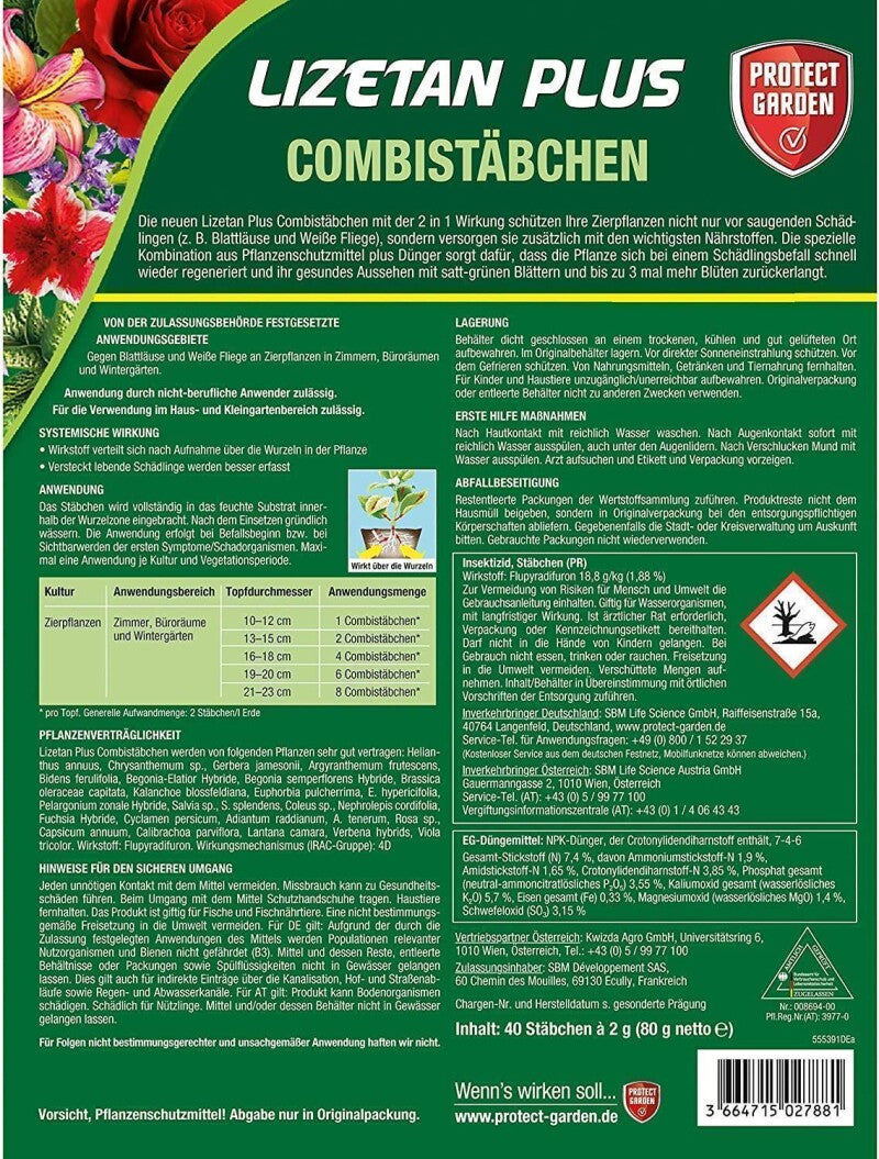  PROTECT GARDEN Lizetan Plus Combistäbchen Schädlingsfrei Gegen Blattläuse Und Andere Saugende Schädlinge Und Premium-Dünger In Einem, 40 Stück
