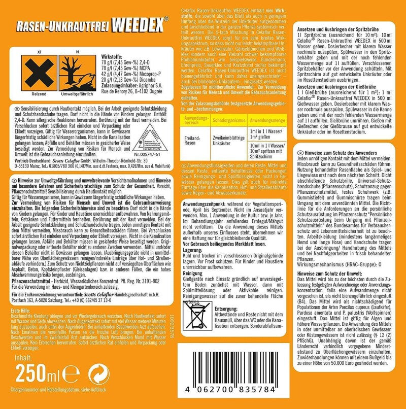  Celaflor Rasen-Unkrautfrei Weedex, Hochwirksamer Unkrautvernichter, Konzentrat, 250 Ml Flasche