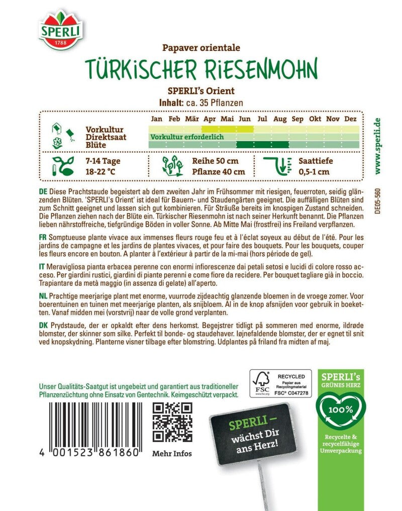  Türkischer Riesenmohn SPERLI's Orient, Mehrjährige Schnittblume, Staude, Saatgut Von Sperli