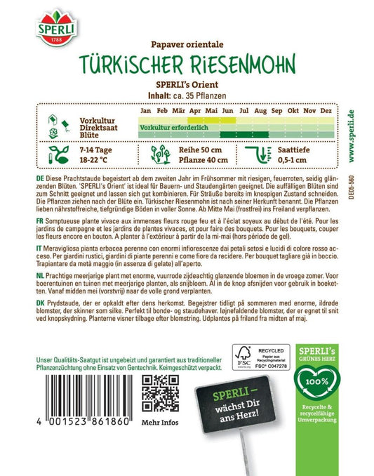  Türkischer Riesenmohn SPERLI's Orient, Mehrjährige Schnittblume, Staude, Saatgut Von Sperli
