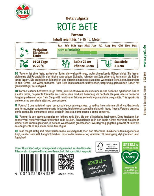  Rote Bete Forono, Saftreich Sorte Für Die Herbsternte, Feste Lagerfähige Rübe, Sperli Saatgut