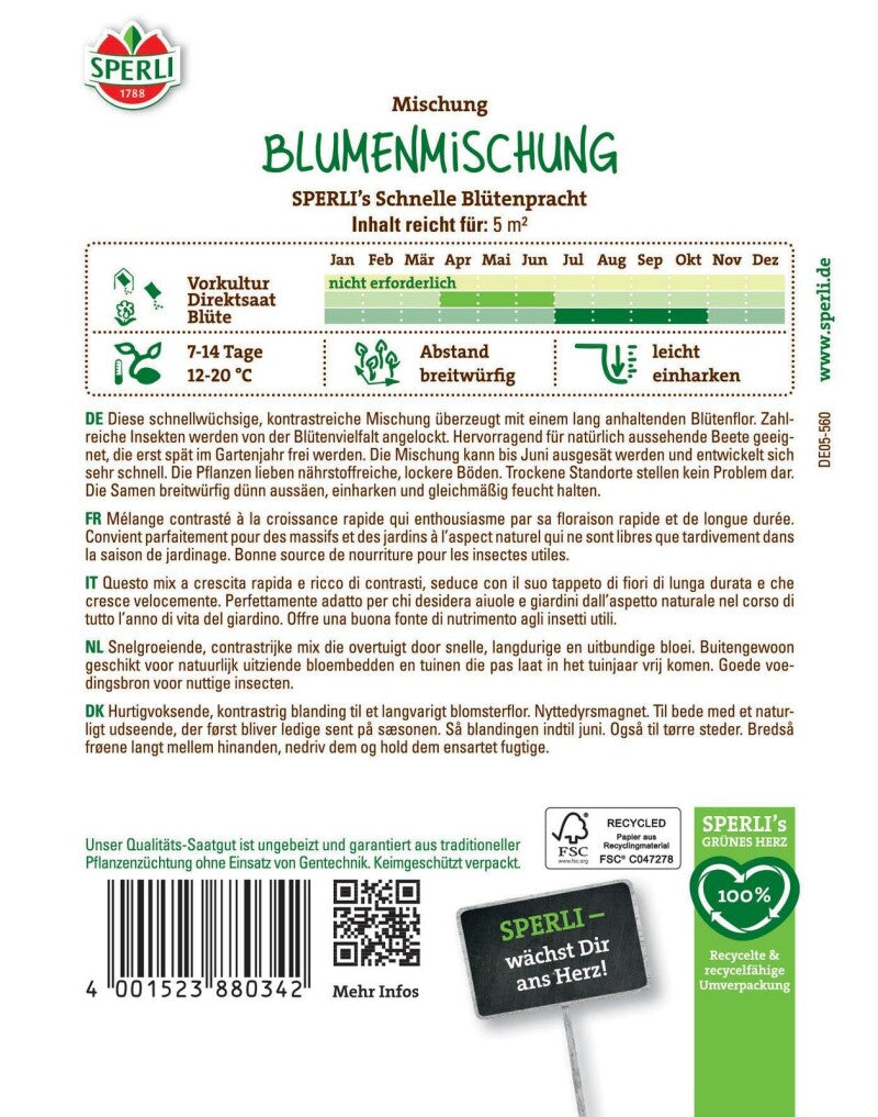  Blumenmischung SPERLI's Schnelle Blütenpracht, Schnellwüchsig & Kontrastreich, Saatgut Von Sperli