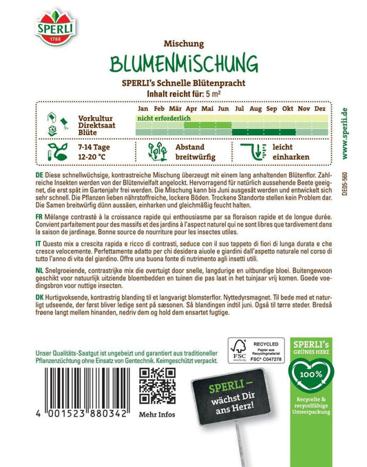  Blumenmischung SPERLI's Schnelle Blütenpracht, Schnellwüchsig & Kontrastreich, Saatgut Von Sperli
