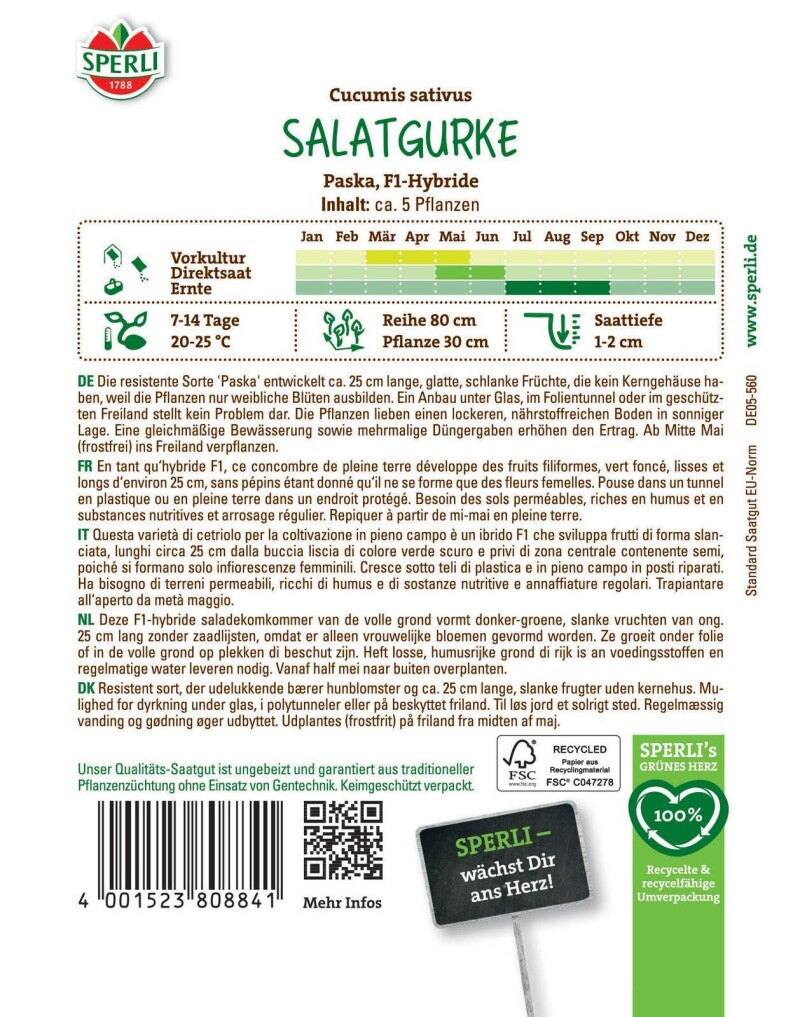  Salatgurke Paska F1, Resistent, Ertragreich, Für Freiland Und Gewächshaus, Saatgut Von Sperli