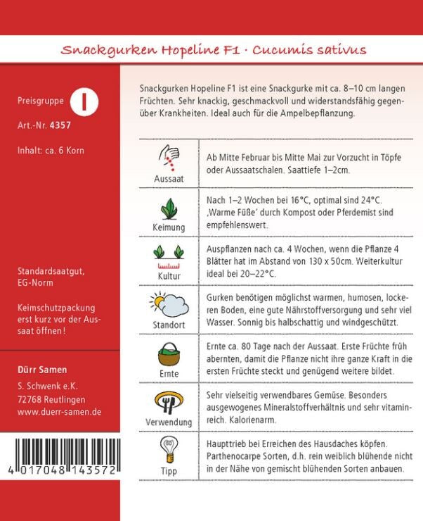  Snackgurken Hopeline F1 (Treibgurke/ Hausgurke), Knackig Geschmackvoll Und Widerstandsfähig