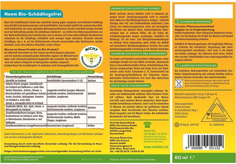  Solabiol Neem Bio-Schädlingsfrei 60 Ml, Biologische Schädlingsbekämpfung