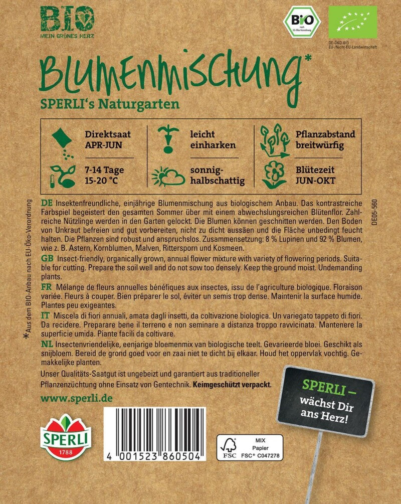  BIO Blumenmischung, Insektenfreundliche Einjährige Blumenmischung Aus Biologischem Anbau, Auch Als Schnittblumen Geeignet