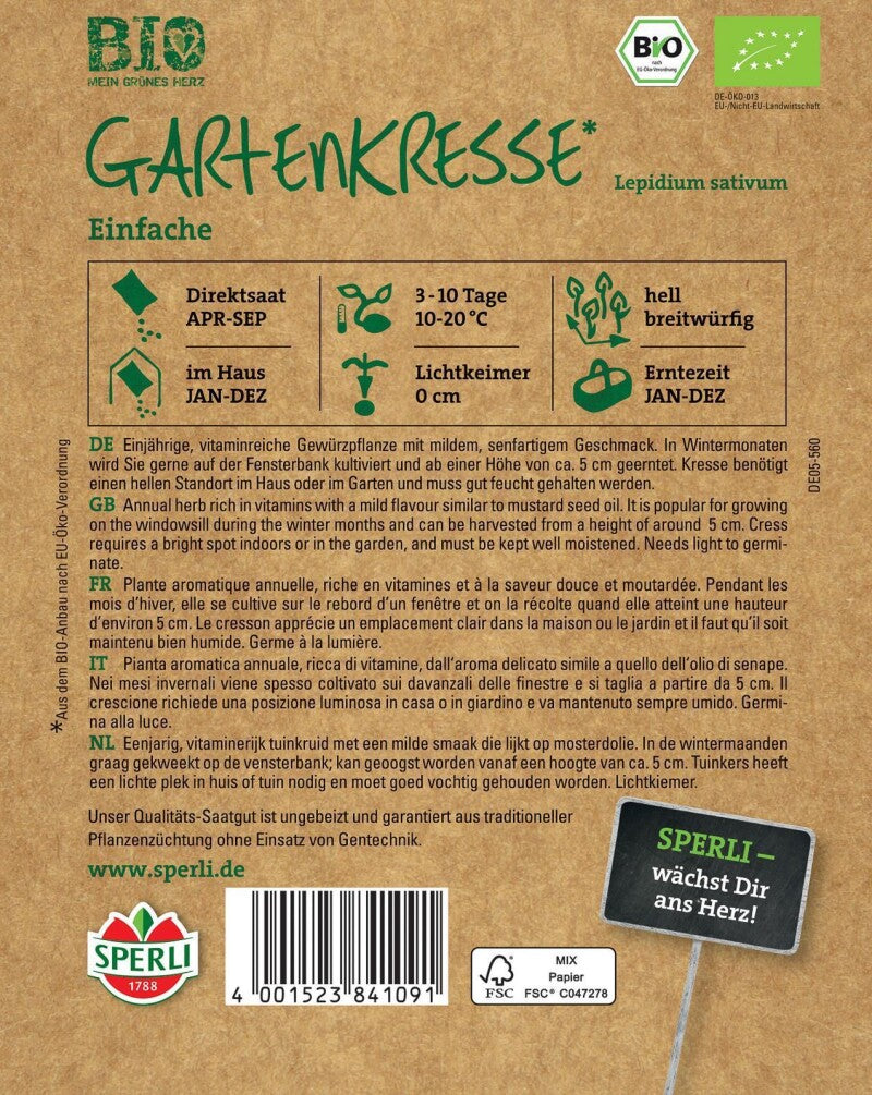  BIO Gartenkresse, Einjährige Vitaminreiche Gewürzpflanze Mit Mildem Senfölartigem Geschmack