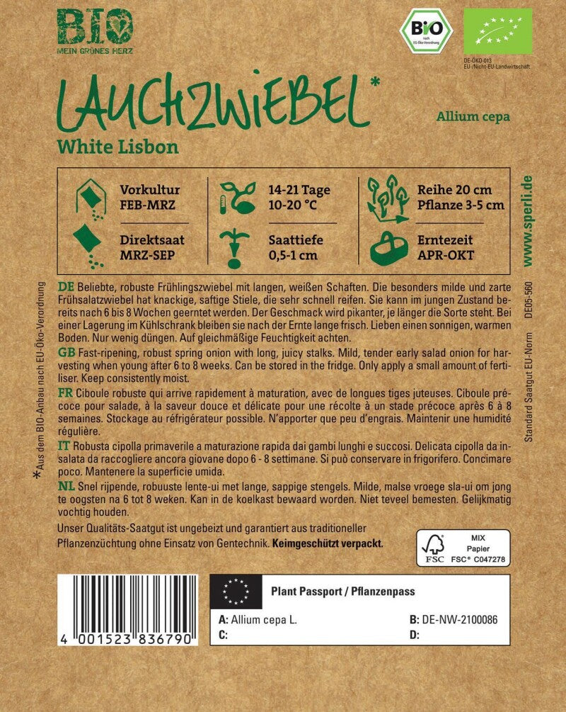  BIO Lauchzwiebel, Beliebte Robuste Frühlingszwiebel Mit Langen Weißen Schaften