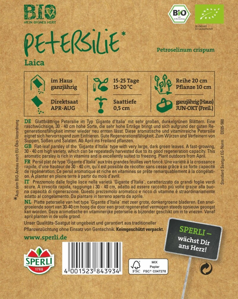  BIO Petersilie, Raschwüchsige Glattblättrige Sorte Mit Kräftigem Aroma, Bio-Saatgut