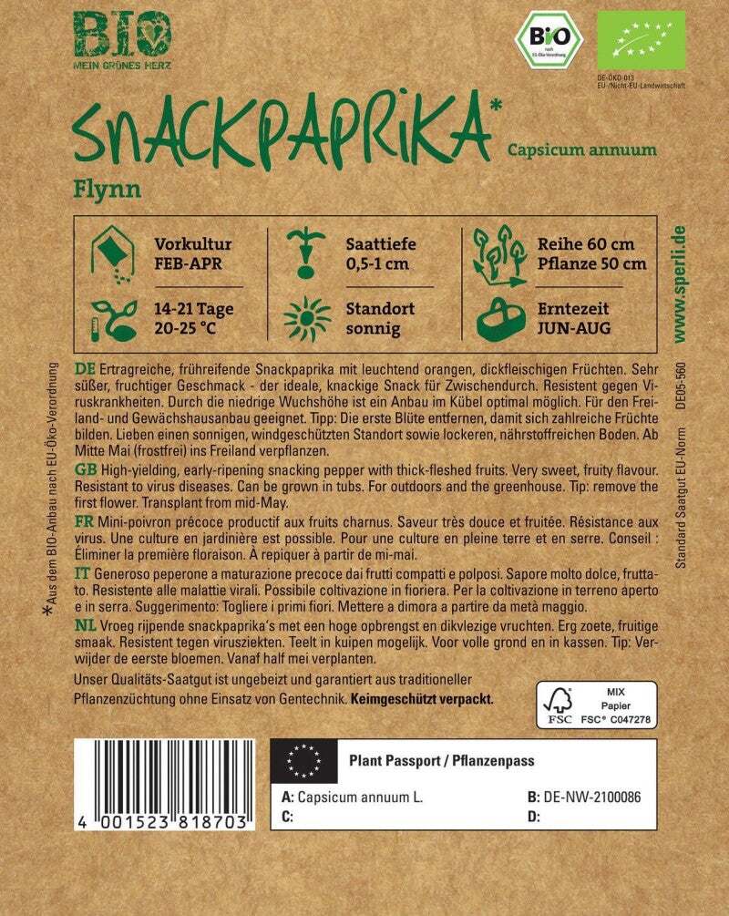  BIO Snackpaprika, Ertragreiche Frühreifende Snackpaprika, Resistent, Anbau Im Kübel Optimal Möglich