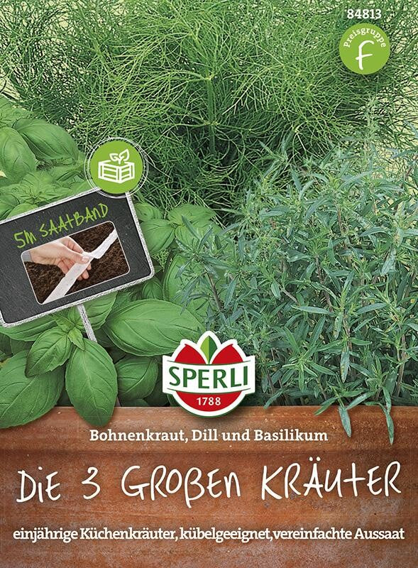  Die 3 Großen Kräuter: Bohnenkraut Dill Basilikum, Saatband 5m
