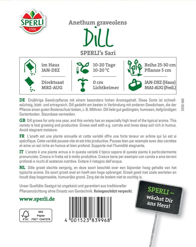 Dill SPERLI's Sari, Verfügt über Besonders Hohen Aromagehalt, Schnellwüchsig Und Ertragreich, Spitzenzüchtung
