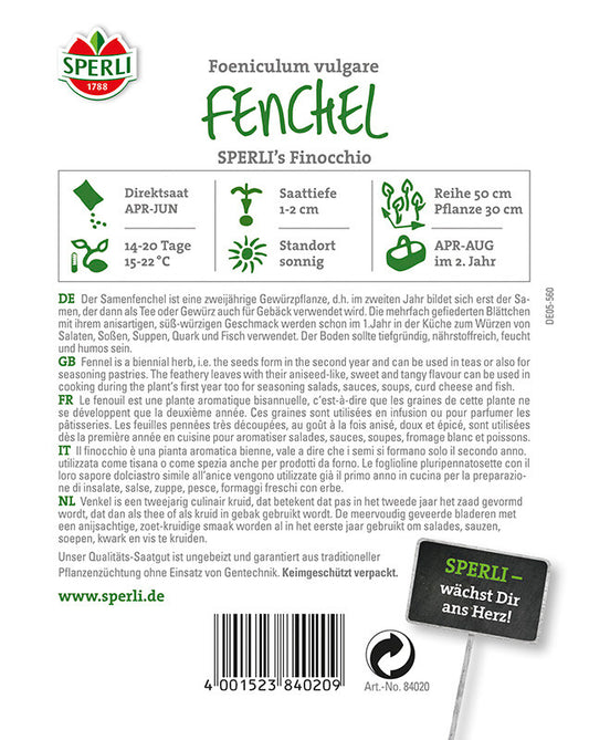  Fenchel SPERLING`s Finocchio, Zweijährige Gewürz Und Heilpflanze, Süß-würziger Geschmack (anisartig)
