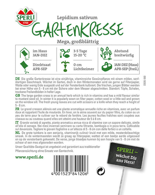  Gartenkresse Mega, MaxiPack 50 G, Gartenkresse, Vitaminreiche Gewürzpflanze, Milder Geschmack Maxi