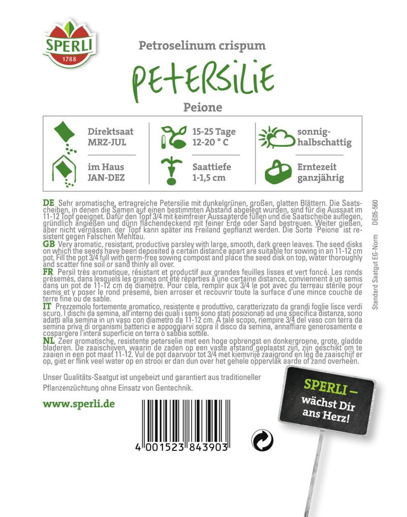  Petersilie Peione (Saatscheiben), Aromatische Und Ertragreiche Sorte Mit Großen Glatten Blättern
