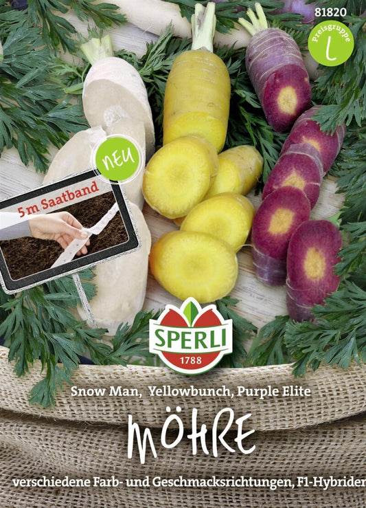  SPERLI Saatband Mit 3 Sorten Möhren Sorten: Snowman, Purple Elite, YellowBunch 5m Saatband