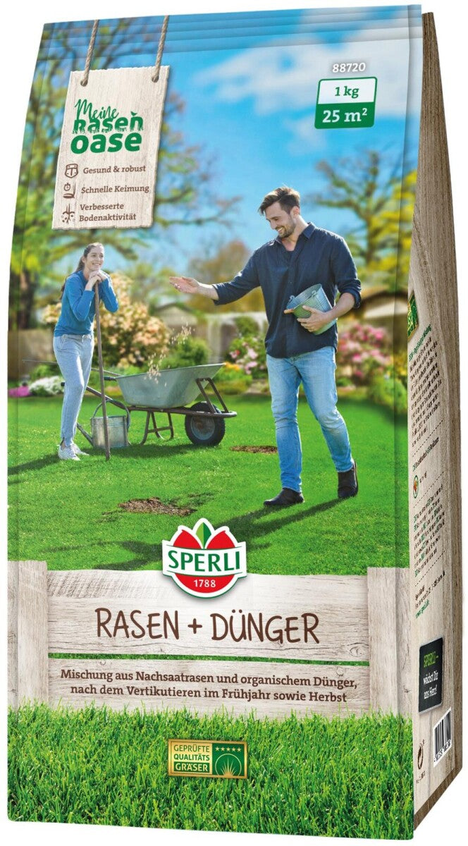  SPERLI's Rasen + Dünger, 1 Kg Für Ca. 25 M², Mischung Aus Nachsaatrasen Und Organischem Dünger