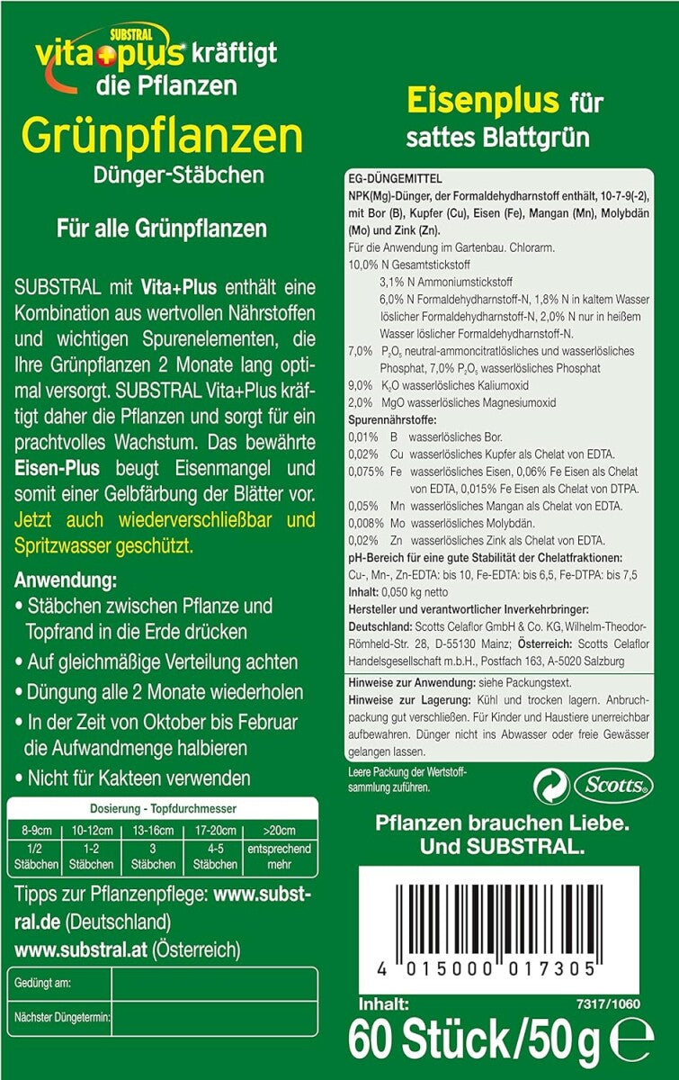  Substral Dünger-Stäbchen Für Grünpflanzen Mit Eisen-Plus Und 2 Monate Langzeitwirkung, 60 Stück
