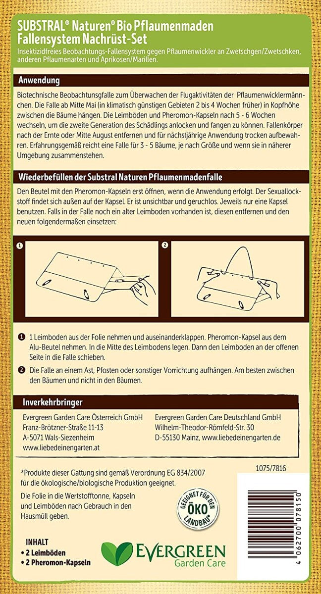  Naturen Pflaumenmaden-Falle Nachrüstset - 1 Set Mit 2 Pheromon-Dispensern + 2 Leimböden