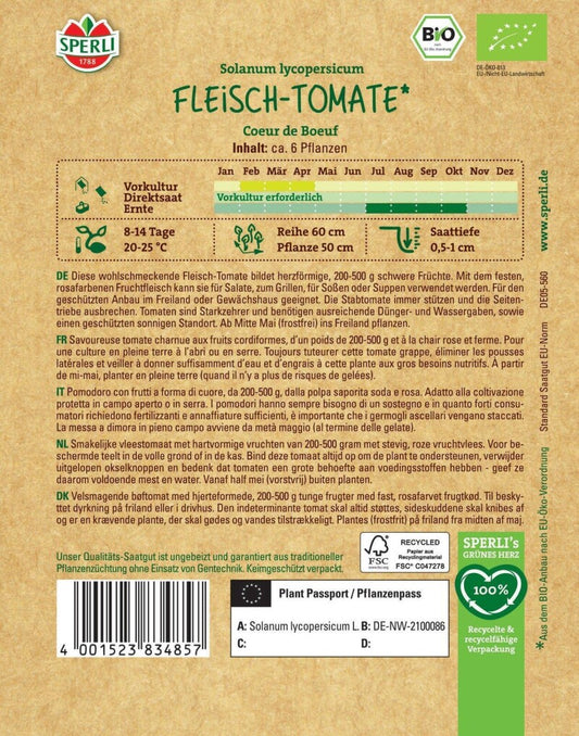  BIO Fleisch-Tomate Coeur De Boeuf, Freiland & Gewächshaus, Aromatische Ochsenherztomate, Sperli
