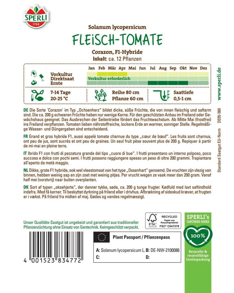  Tomate Corazon, F1, Fleisch-Tomate Typ: Ochsenherz, Kernarme Fleischige Sorte, Resistent