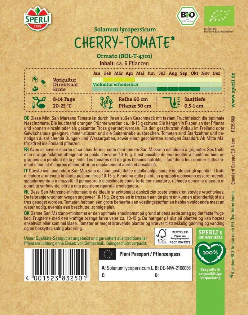  BIO Kirsch-Tomate Ormato (BOL-T-4701), Naschsorte, Freiland Und Gewächshaus, Bio Saatgut