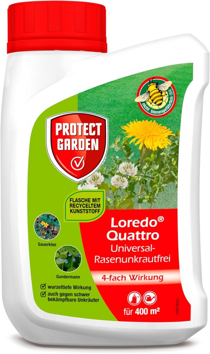  PROTECT GARDEN Universal-Rasenunkrautfrei Loredo Quattro 400 Ml, Rasen Unkrautvernichter Gegen Hartnäckige Unkräuter Mit 4-fach Wirkung
