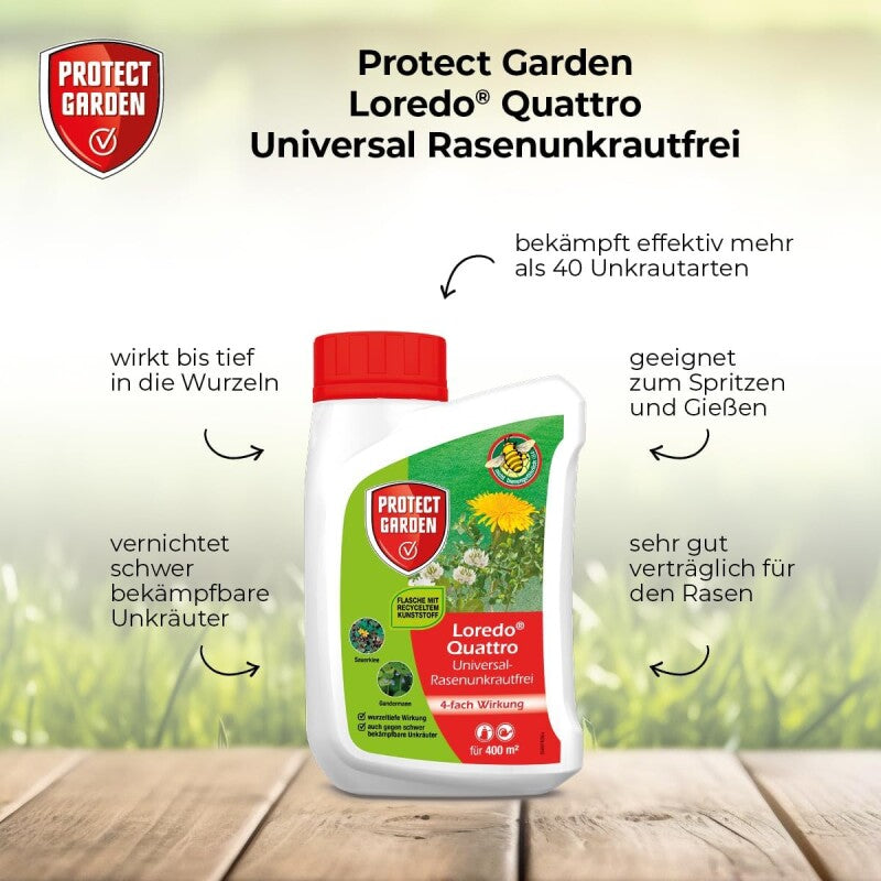  PROTECT GARDEN Universal-Rasenunkrautfrei Loredo Quattro 400 Ml, Rasen Unkrautvernichter Gegen Hartnäckige Unkräuter Mit 4-fach Wirkung
