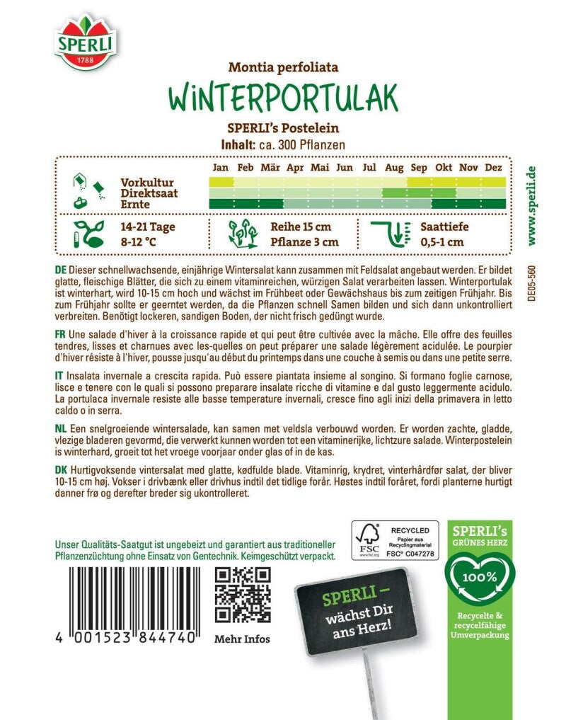  Winterportulak SPERLI's Postelein, Frosthart, Freiland & Gewächshaus, Wüchsig, Saatgut Von Sperli