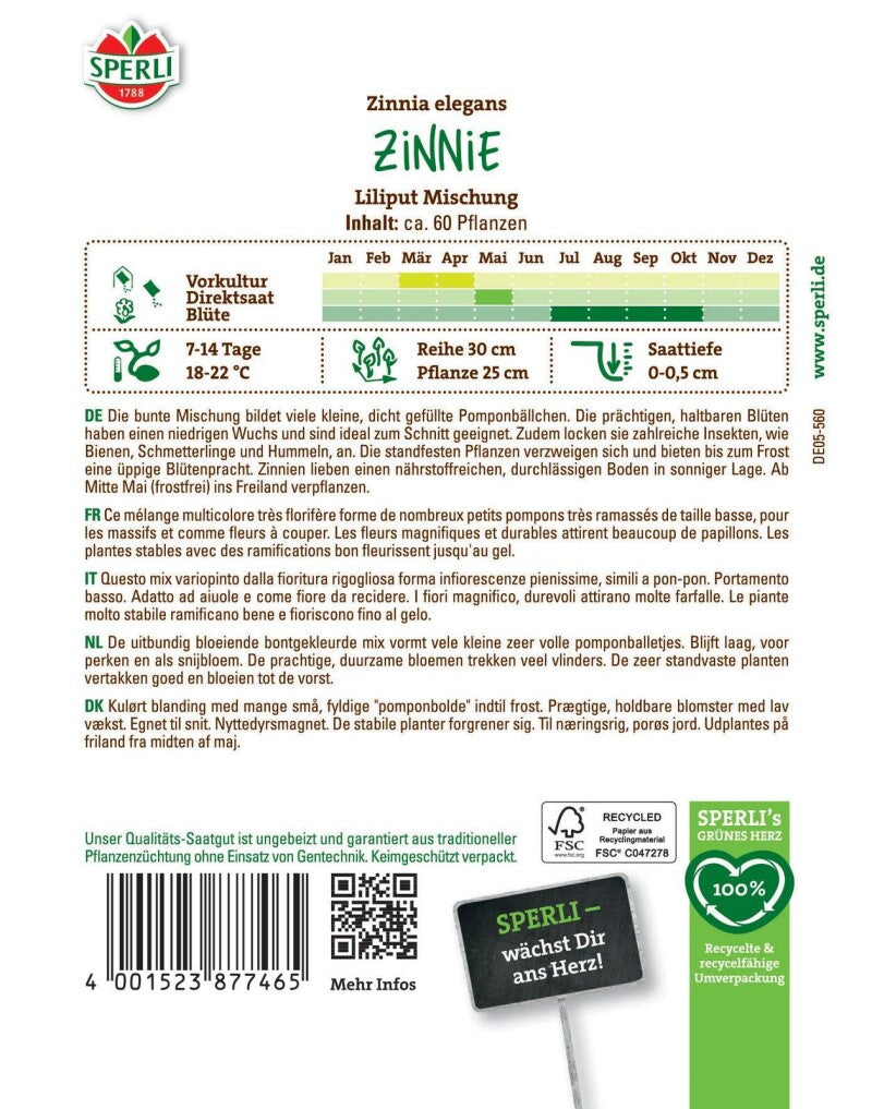  Zinnie Liliput Mischung, Kleinblumig Mit Dicht Gefüllten Blüten, Nektarspender, Sperli Samen